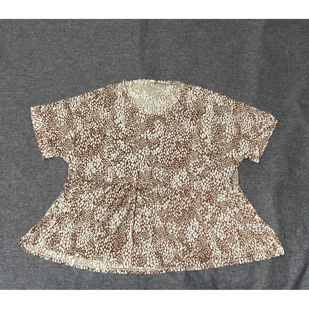 Unbranded Women's XL Peplum Top Brown White Abstract Print Short Sleeve